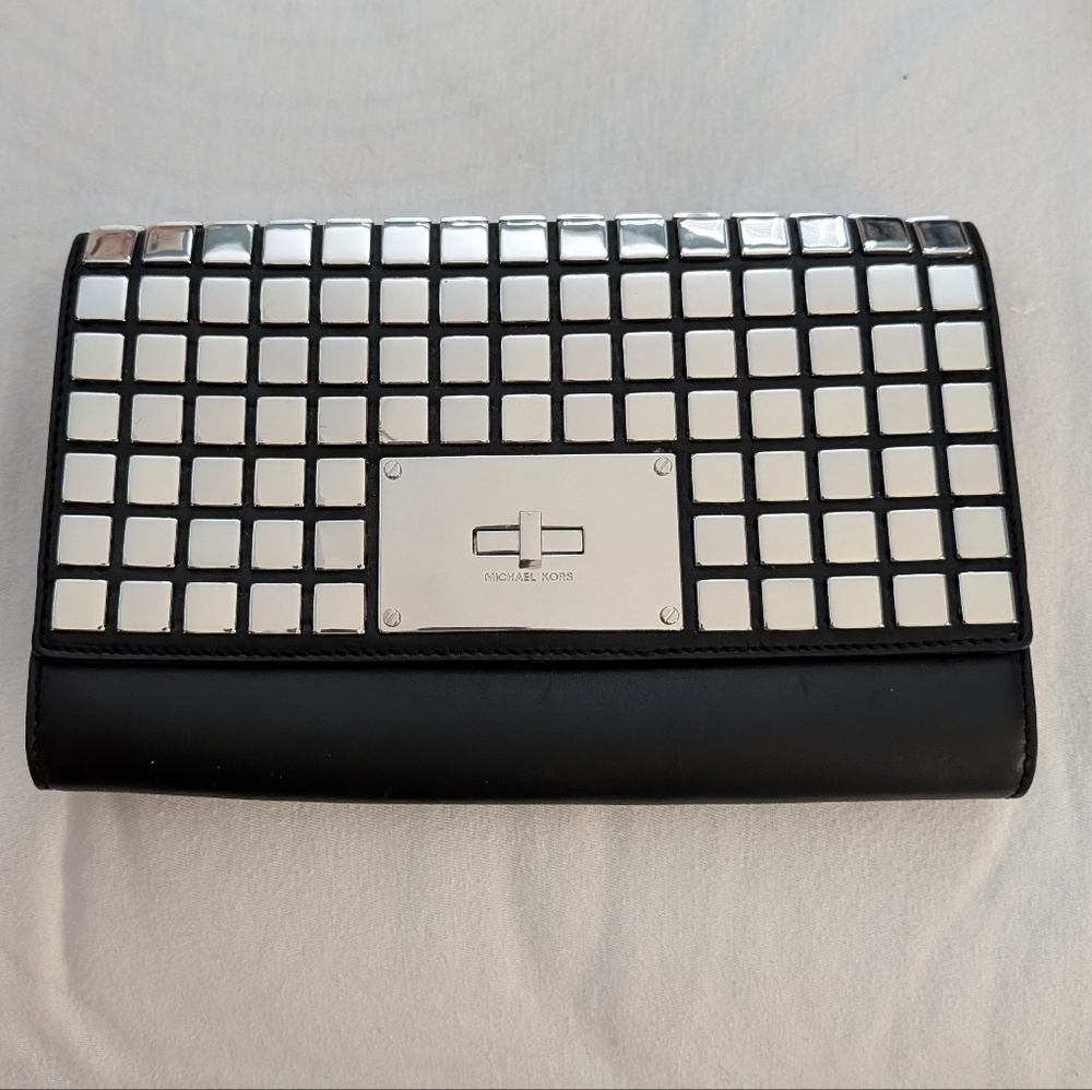 Michael Kors Black Clutch with Silver Mirror Tiles